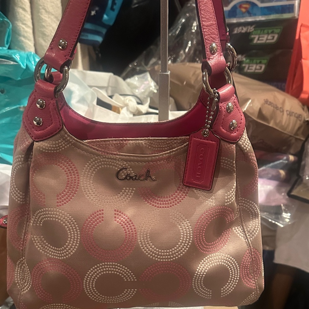 Coach Pink and Cream Circle Pattern Shoulder Bag